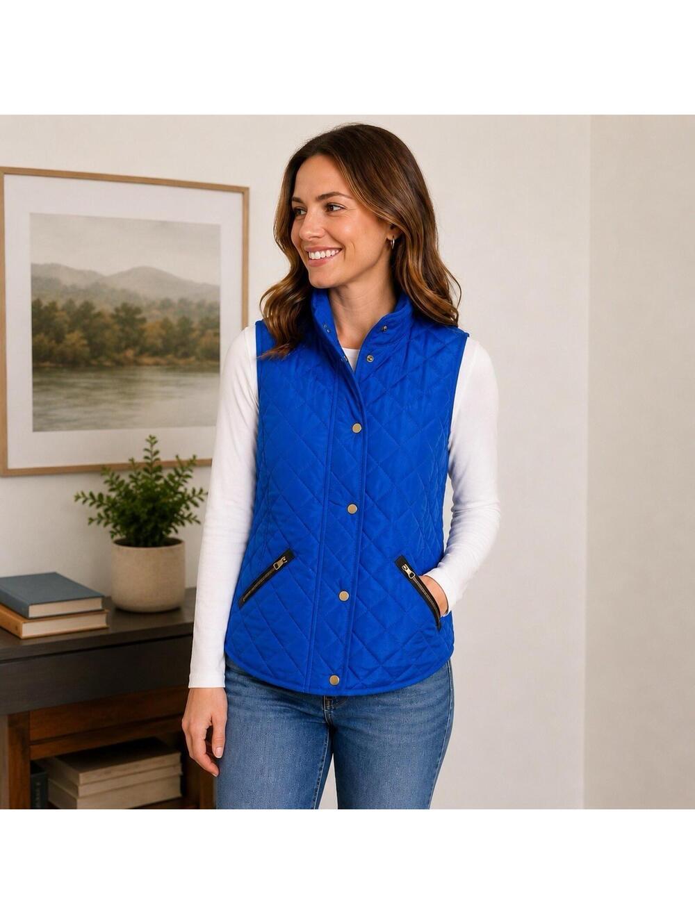 Peck & Peck Blue Quilted Vest Womens Small Lightweight Puffer Snap Front Preppy